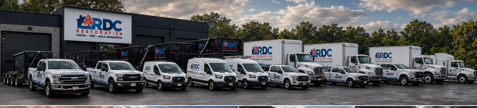 The RDC Restoration fleet of water, fire, and mold restoration trucks at their New Jersey headquarters